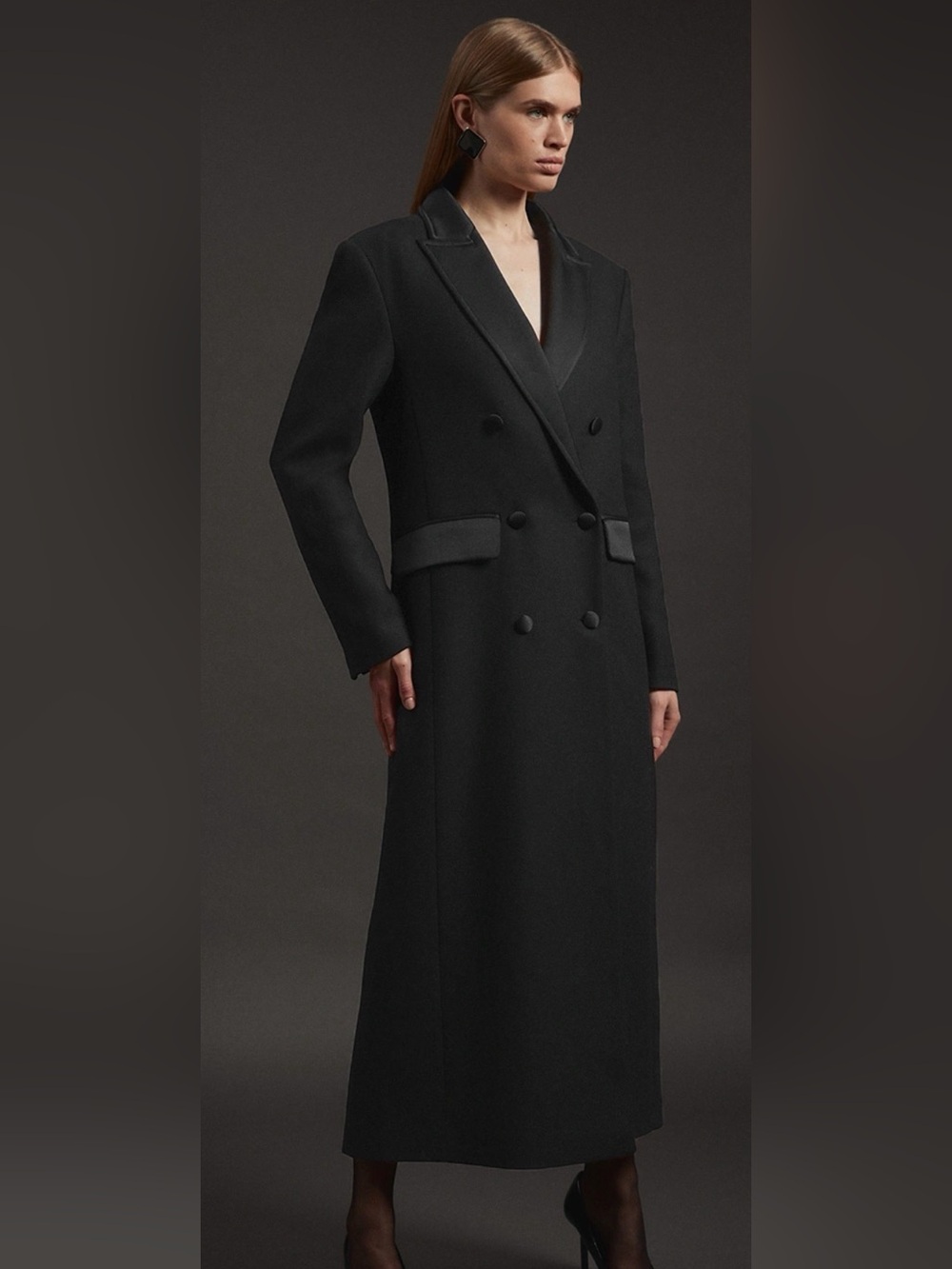 Karen Millen Black Long Double-Breasted Premium Italian Manteco Wool Coat